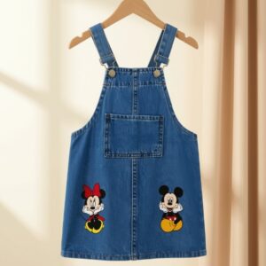 Mickey & Minnie Mouse Baskılı Kot Salopet Elbise – Kız Çocuklar İçin Şirin Tasarım