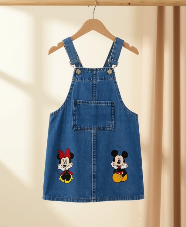 Mickey & Minnie Mouse Baskılı Kot Salopet Elbise – Kız Çocuklar İçin Şirin Tasarım