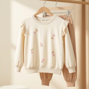 Kız Çocuk Fırfırlı Çiçek Nakışlı Sweatshirt ve Eşofman Takımı – Rahat ve Şık Kombin