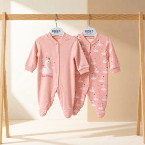 Kuğu Desenli Kız Bebek 2’li Patikli Tulum Seti – Pembe, Kraft Kutulu